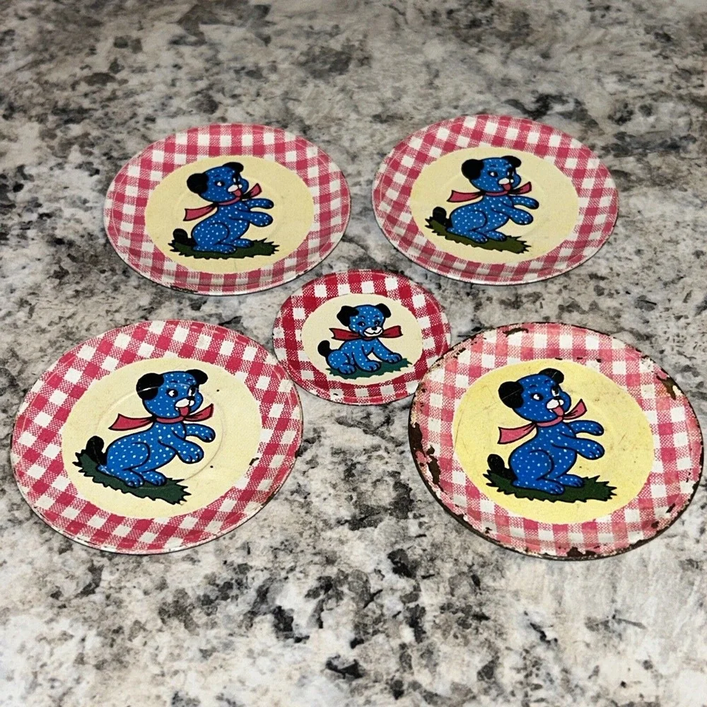 Ohio Art 1950s 5-pc Child Puppy Tin Tea Set Of 4 Larger Plates‎ And One Small H3